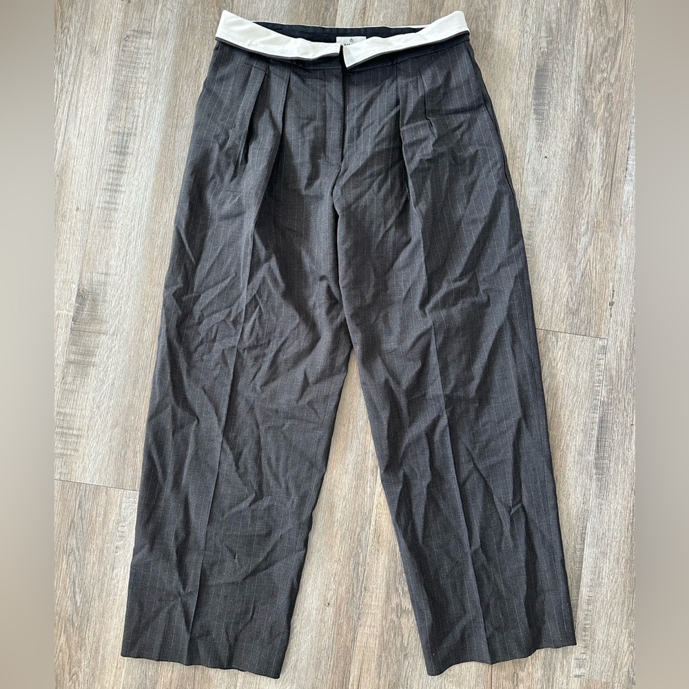 Aritzia Black Wide-Leg Trousers with Cream Waistband